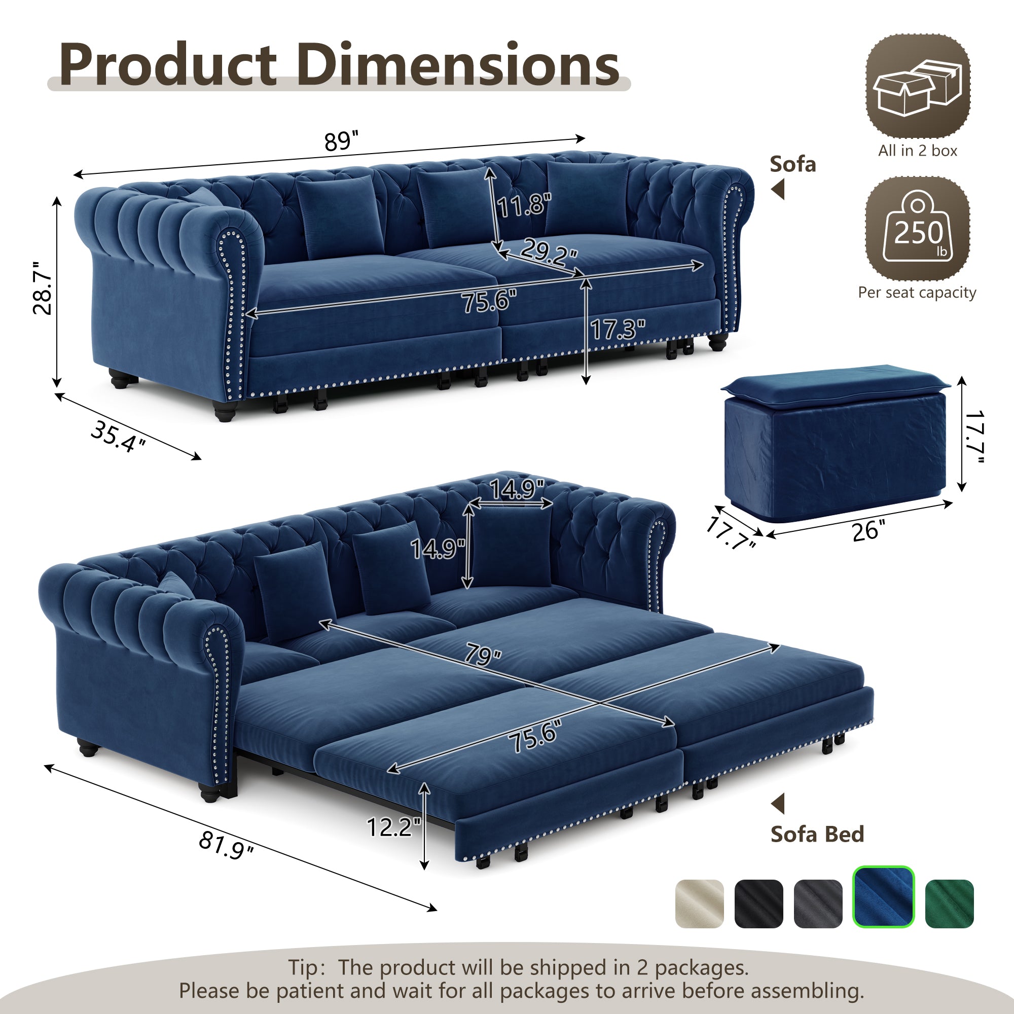 Chesterfield 3-in-1 Pull-Out Sofa Bed, Convertible Sleeper Sofa