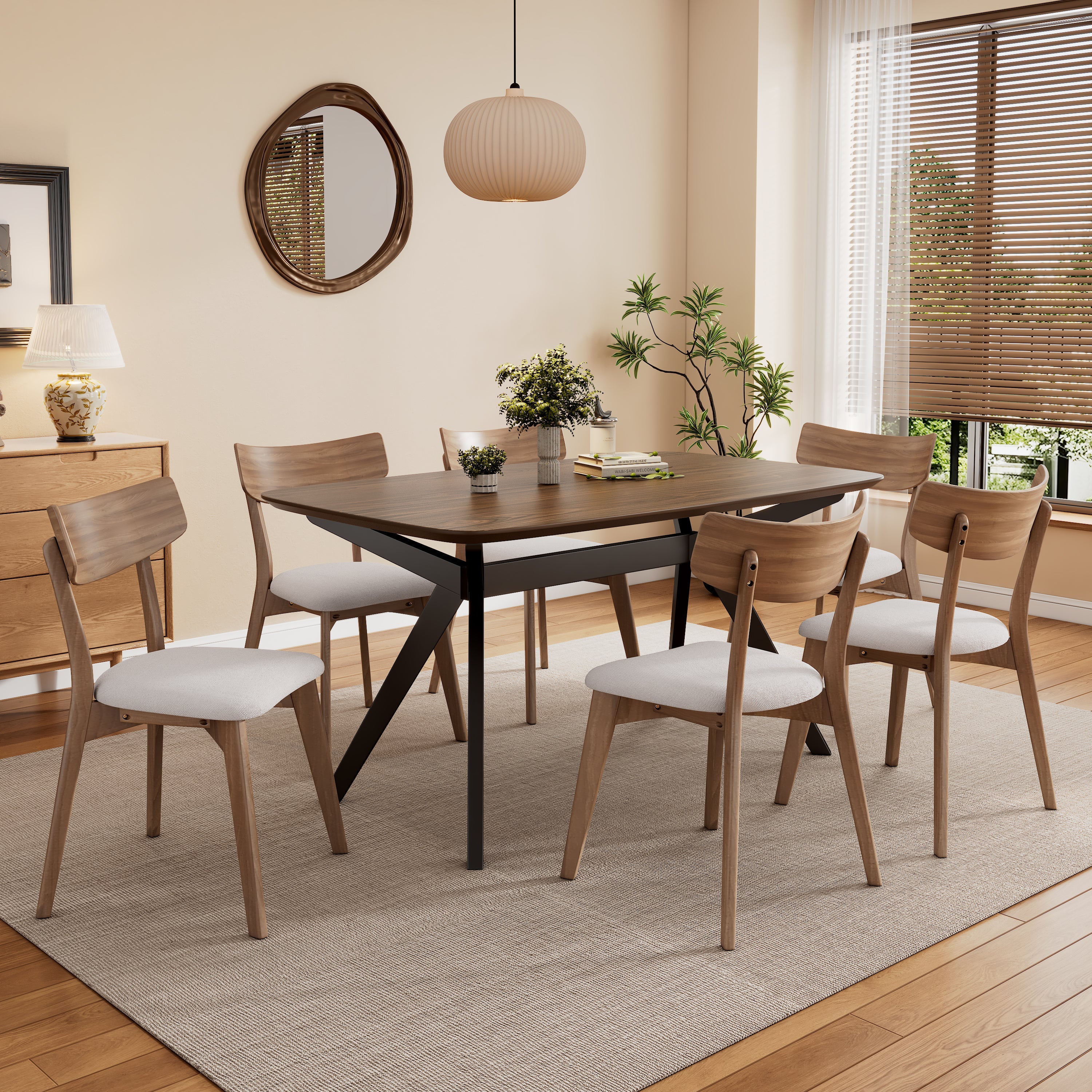7-Pieces Upholstered Dining Set With Rubberwood Frame, Light Beige + Walnut + Black