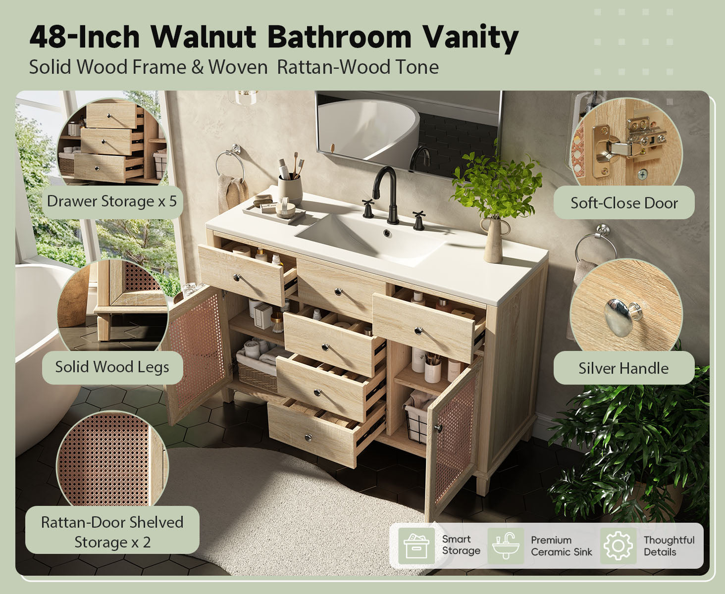48-Inch Natural Rattan Bathroom Vanity