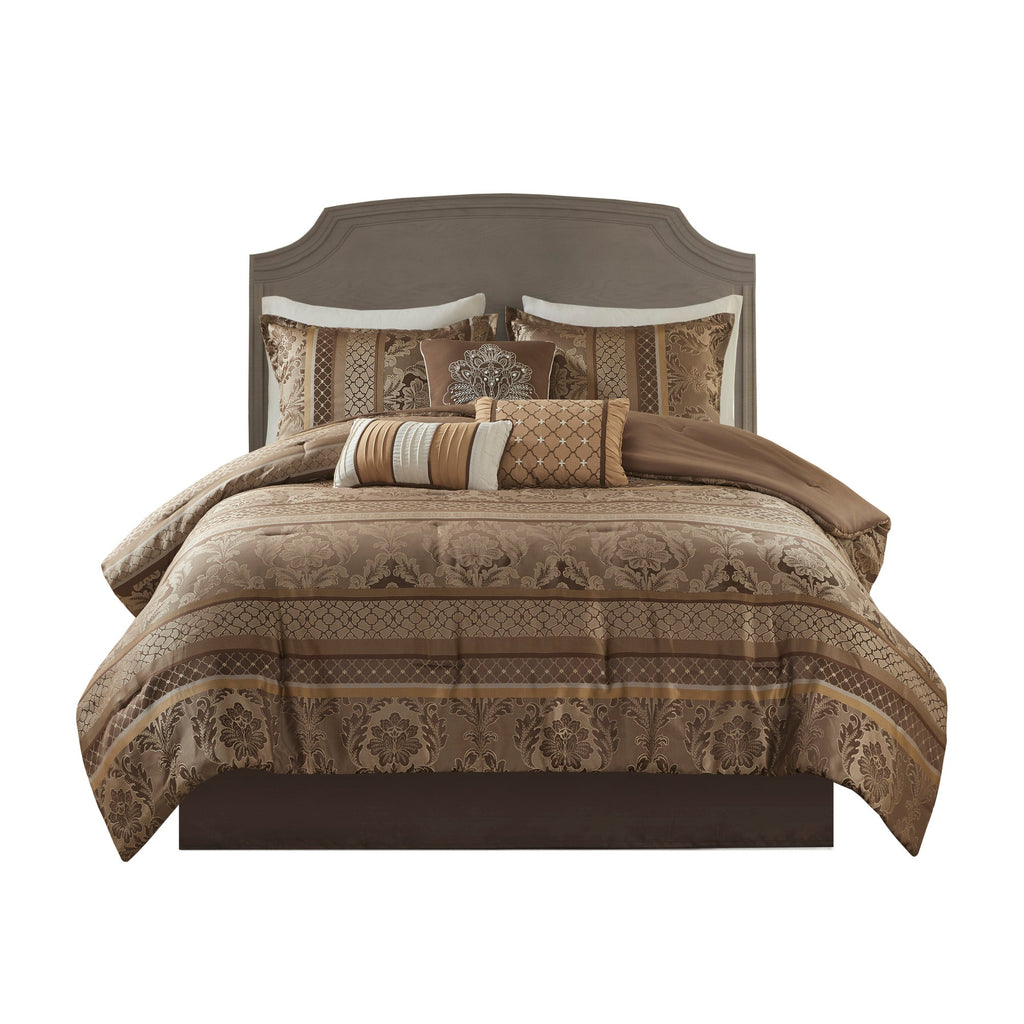 7 Piece Jacquard Comforter Set Brown/Gold Queen