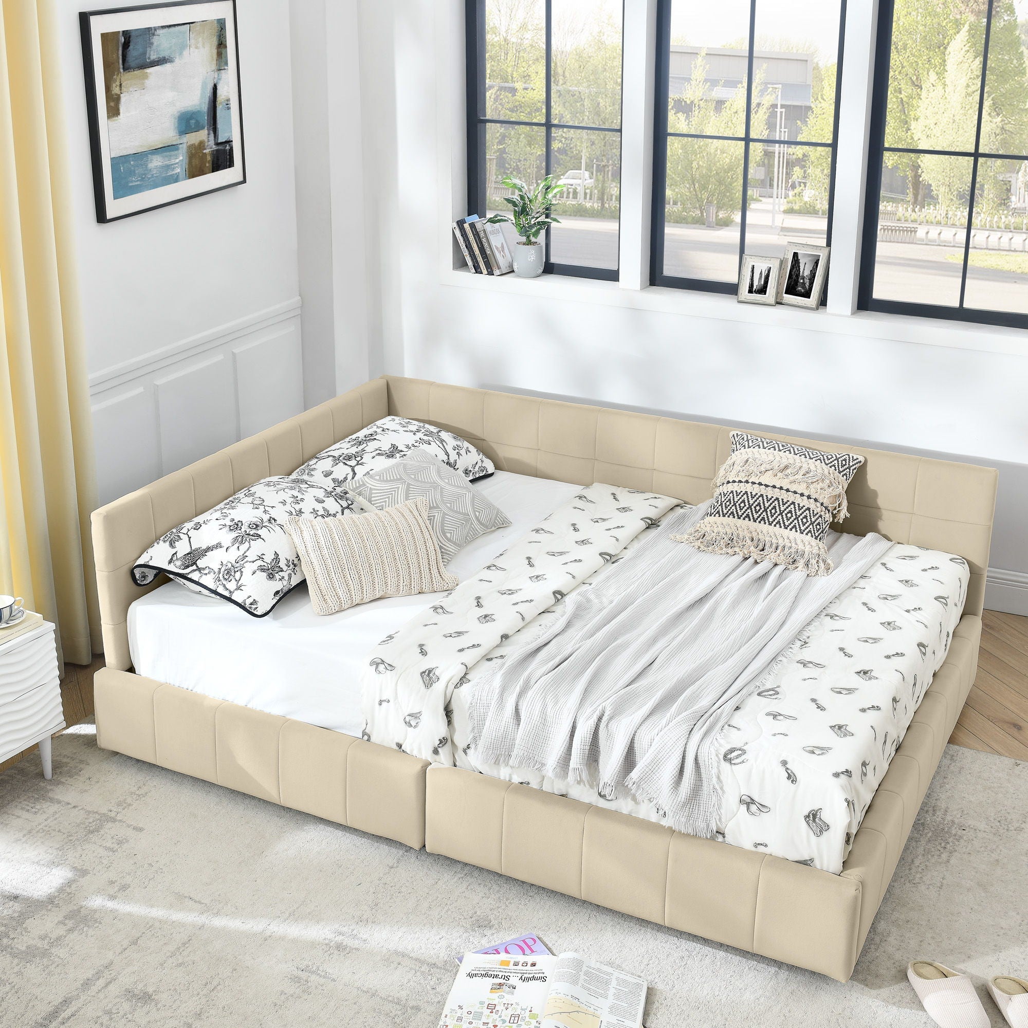 Mid-Century Storage Upholstered Tufted Bed Frame With Backrest And Armrests