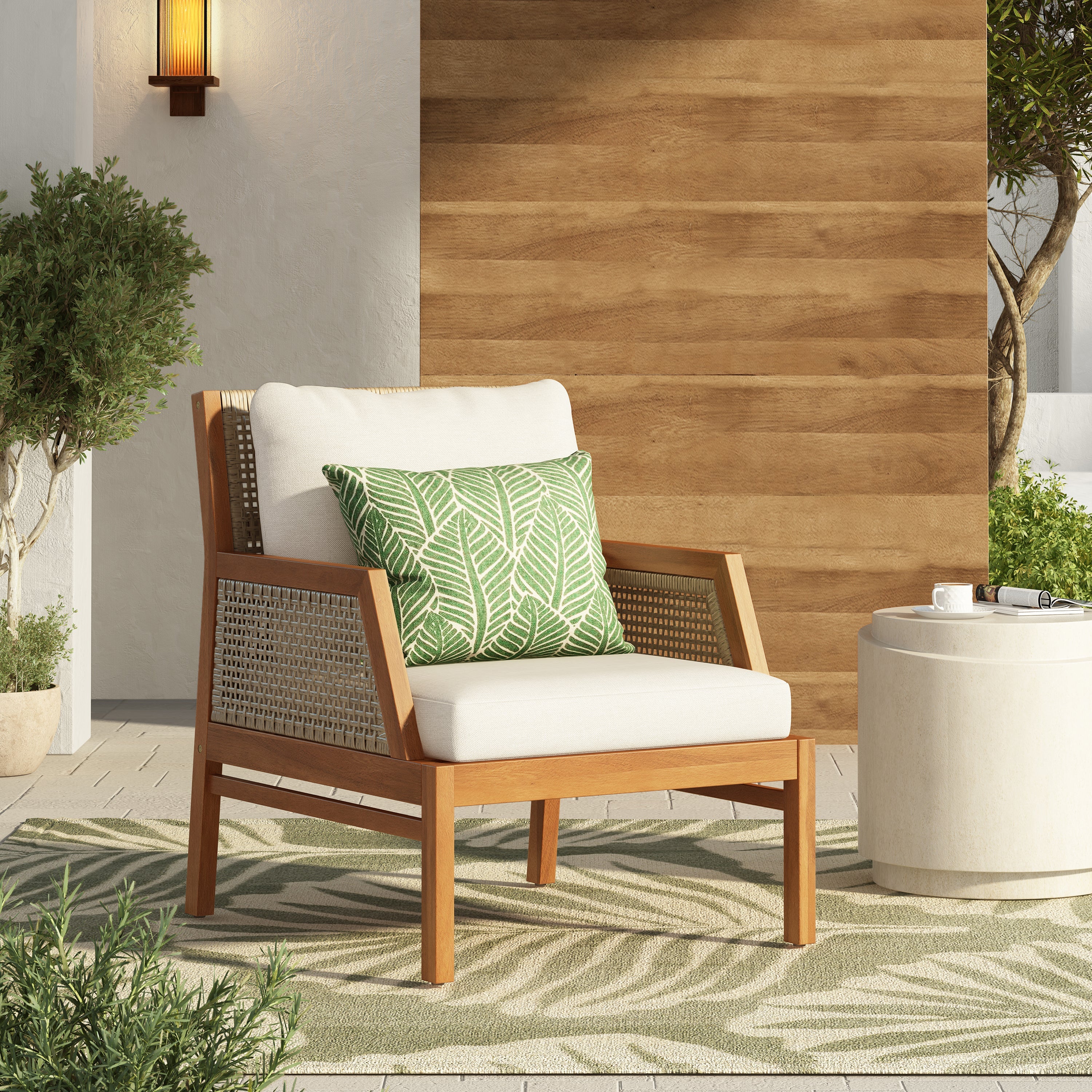 Acacia Wood Patio Furniture Club Chair with Outdoor Wicker