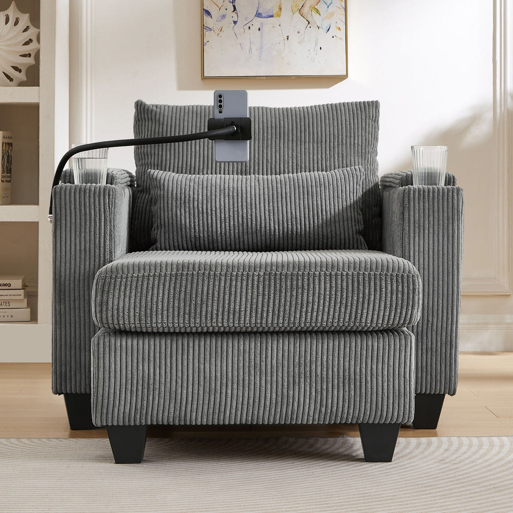 Convertible Chaise Lounge Sofa Chair With USB Ports, Cup Holders, Phone Holder And Storage