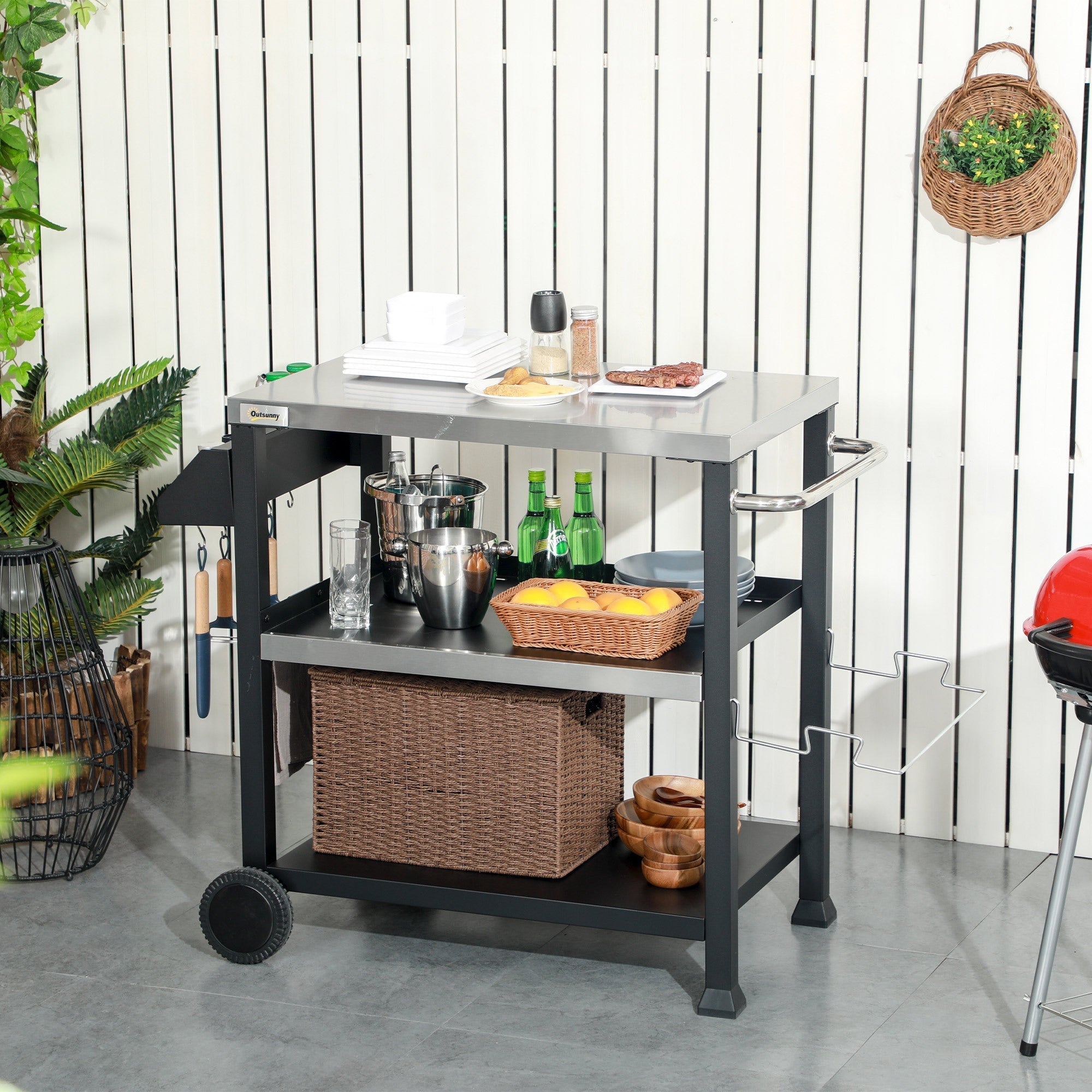 Outsunny Three-Shelf Outdoor Grill Cart with Stainless Steel Tabletop