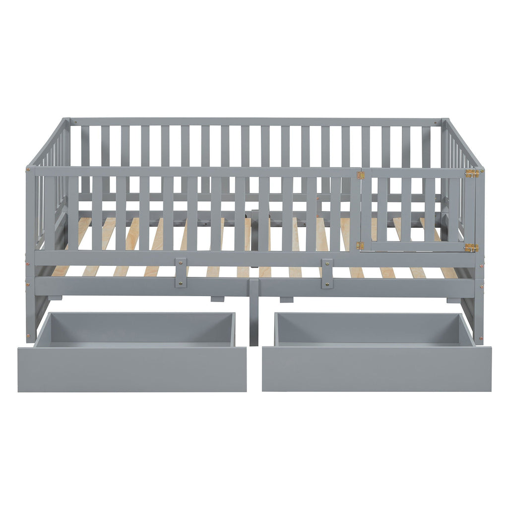 Daybed With Fence Guardrails And 2 Drawers, Split Into Independent Floor Bed & Daybed