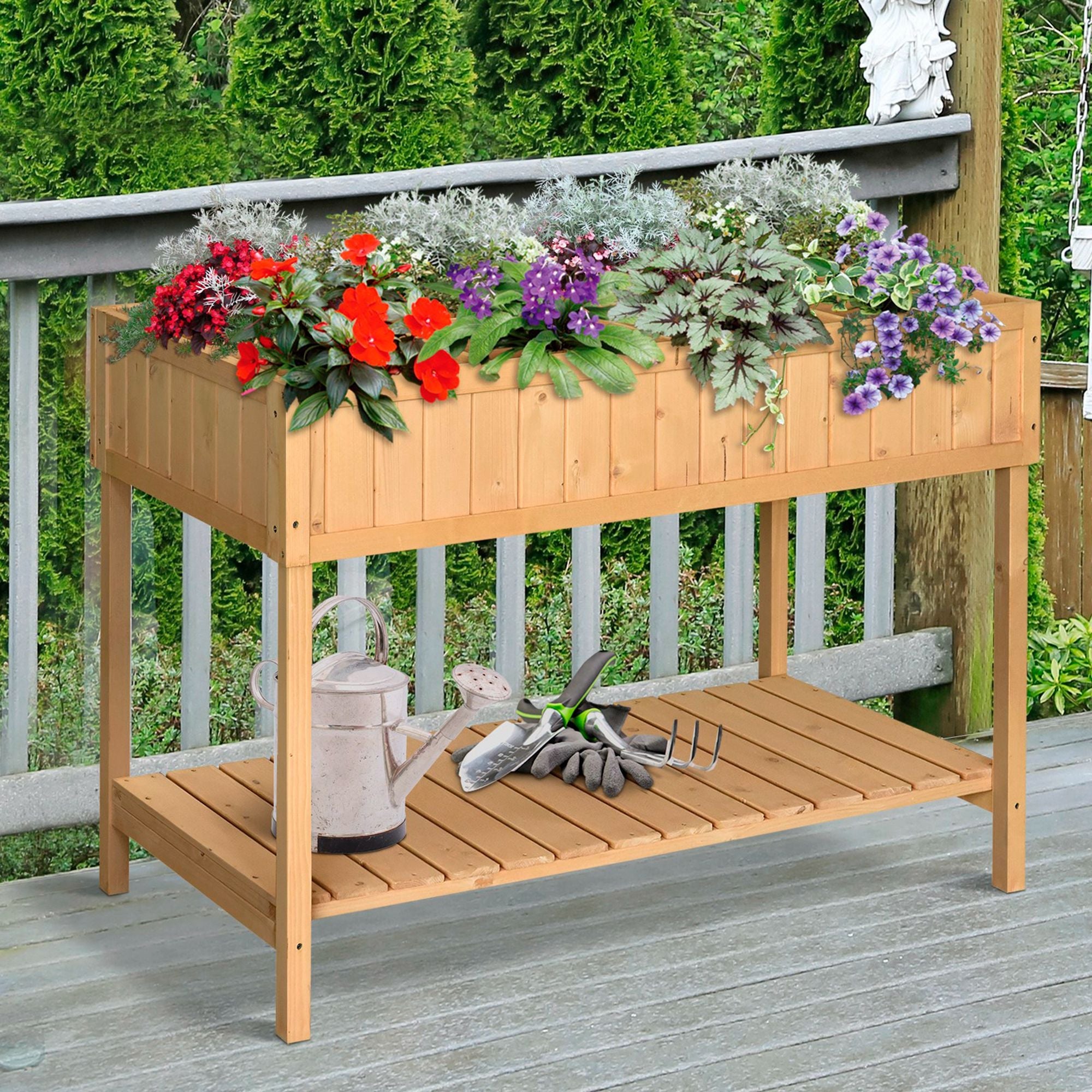 Outsunny 43" Wooden Raised Garden Bed with 8 Pockets and Shelf