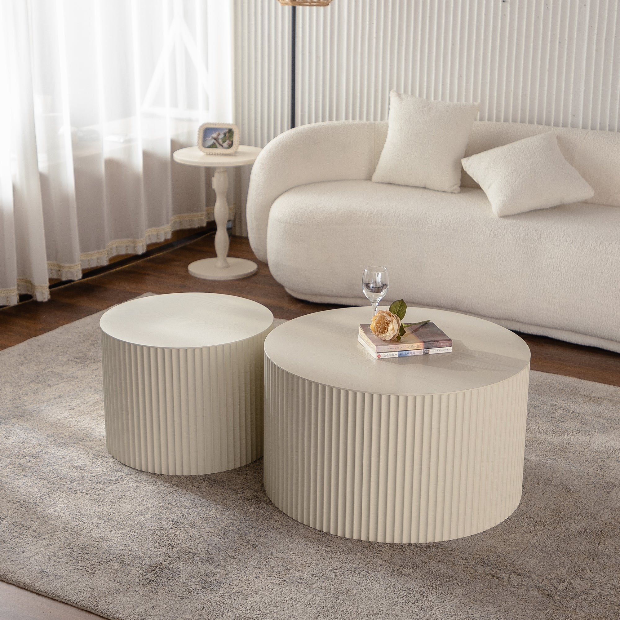 Beige Nesting Coffee Table Set of 2 Modern Drum Side Tables