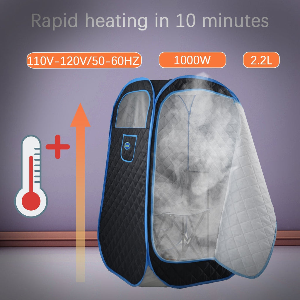 Portable Folding Full size Steam Sauna with 1000W&2.2L steam Generator. Personal Sauna Tent for Relaxation & Spa at home. Fast heating. Folding Steel Rim, it's easy to install, with FCC certification.
