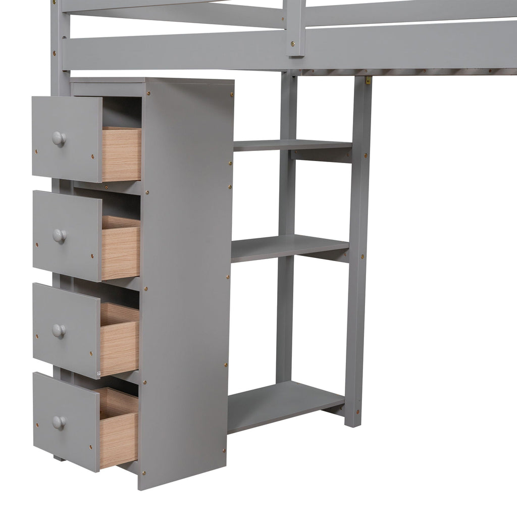 Loft Bed With Storage Drawers, Desk And Stairs With Shelves
