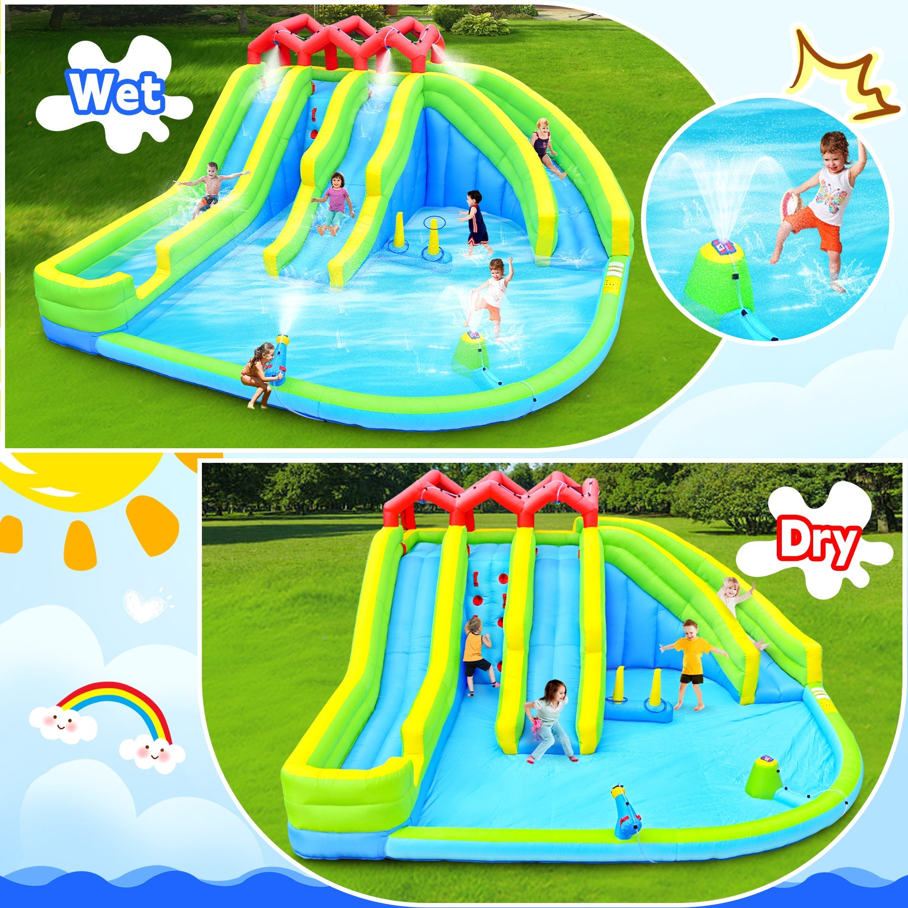 7-in-1 Inflatable Water Park Three Slide with Blower and Climbing Wall for Children