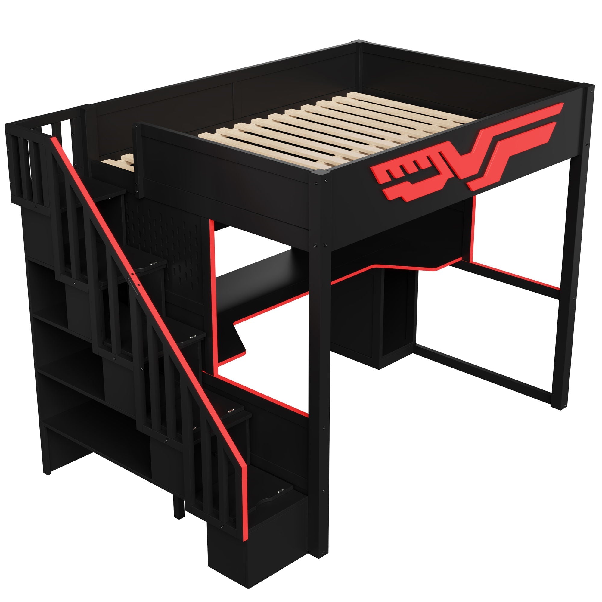 Full Gaming Loft Bed With Desk And Storage Staircase, LED Lights And USB - Red / Black