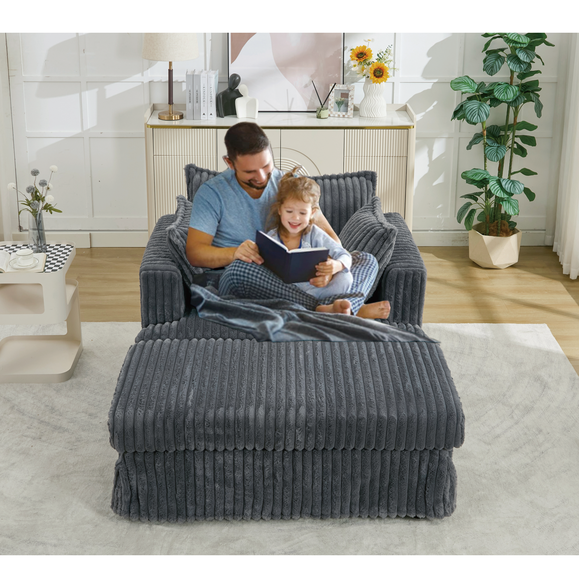 Oversized Corduroy Chaise Lounge with Ottoman in Dark Gray