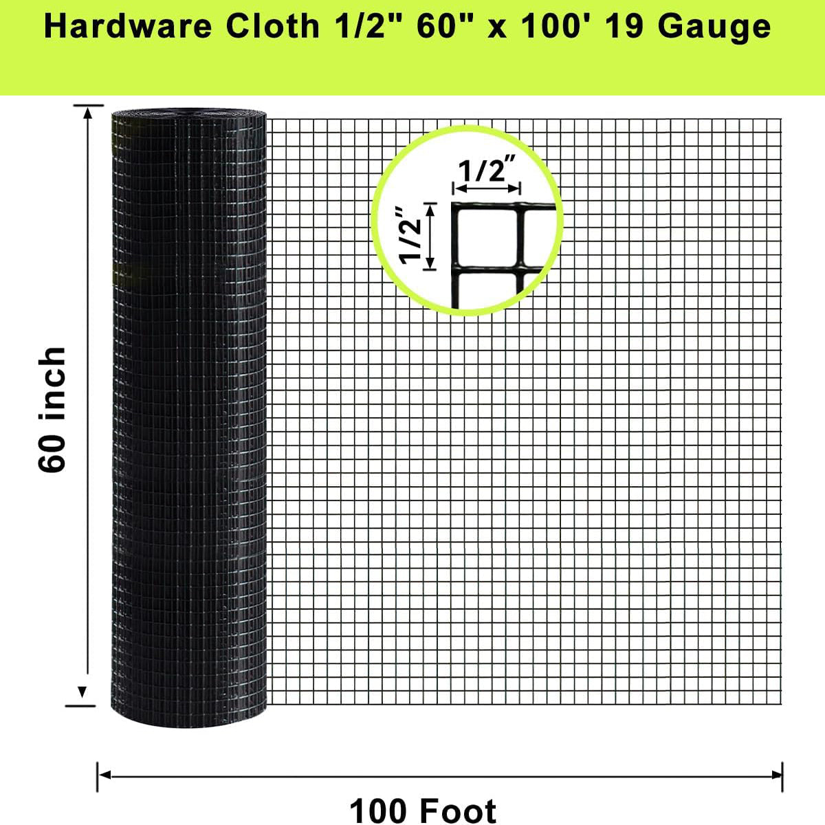 Black Hardware Cloth 5 ft × 100 ft, 19 Gauge 1/2 Inch