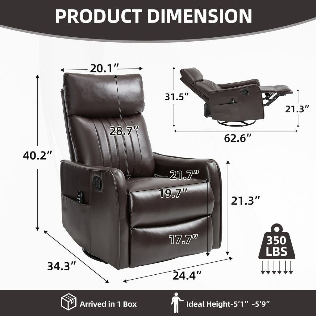 Brown Faux Leather Heat Massage Manual Recliner Chair