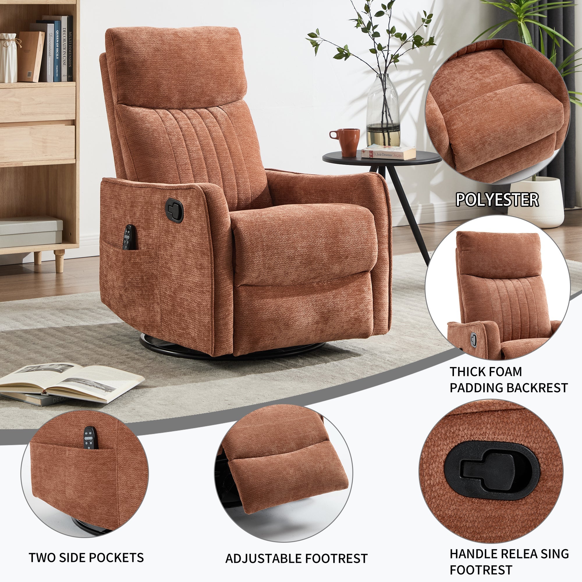 Orange Heat Massage Manual Recliner Chair with Rocker and Swivel