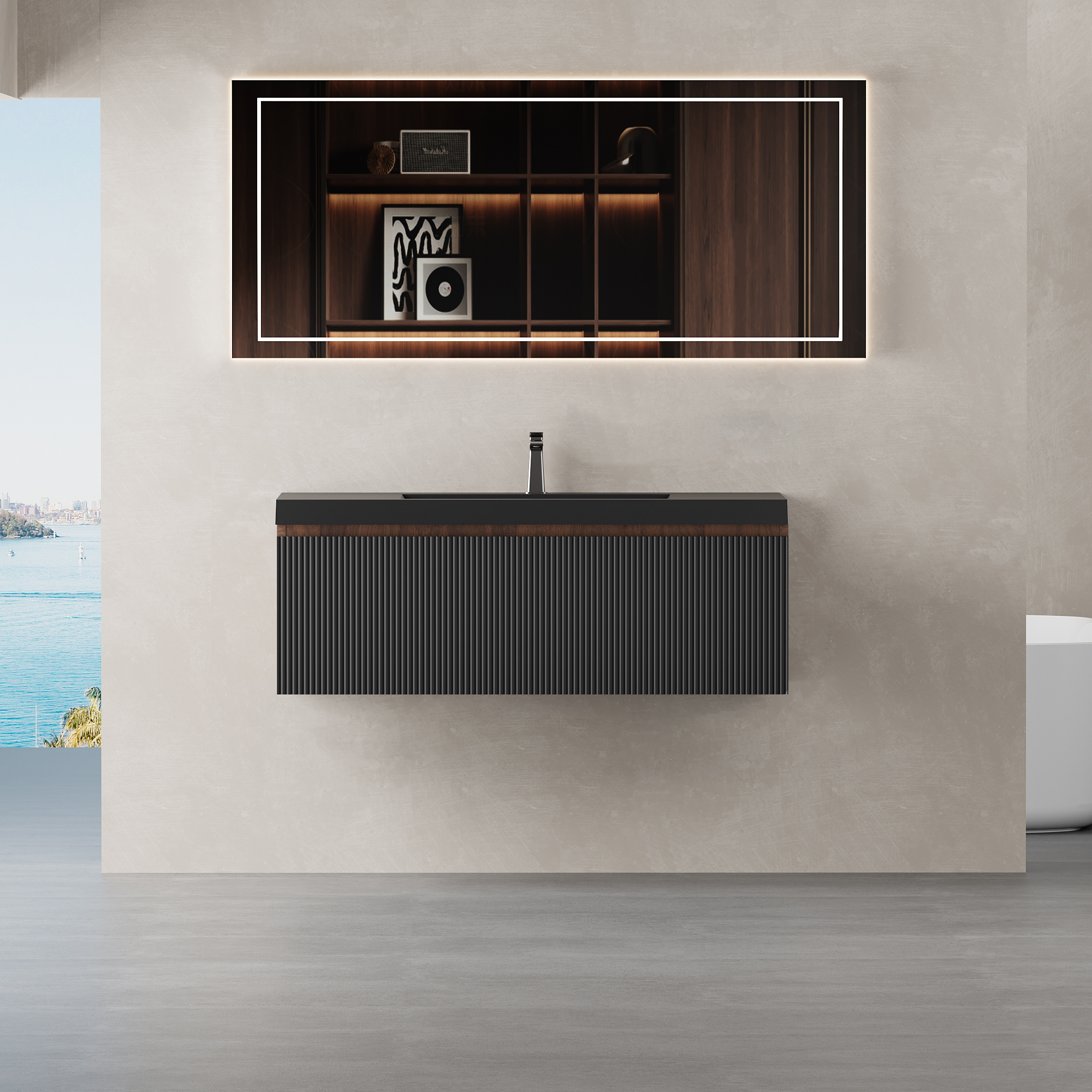 42" Floating Bathroom Vanity with Sink and Striped Storage Cabinet