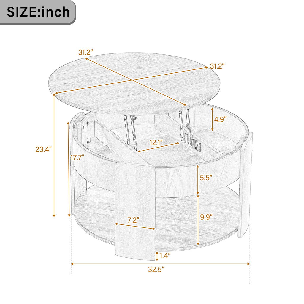 Vibe Haus Farmhouse Round Lift Top Coffee Table with Hidden Storage