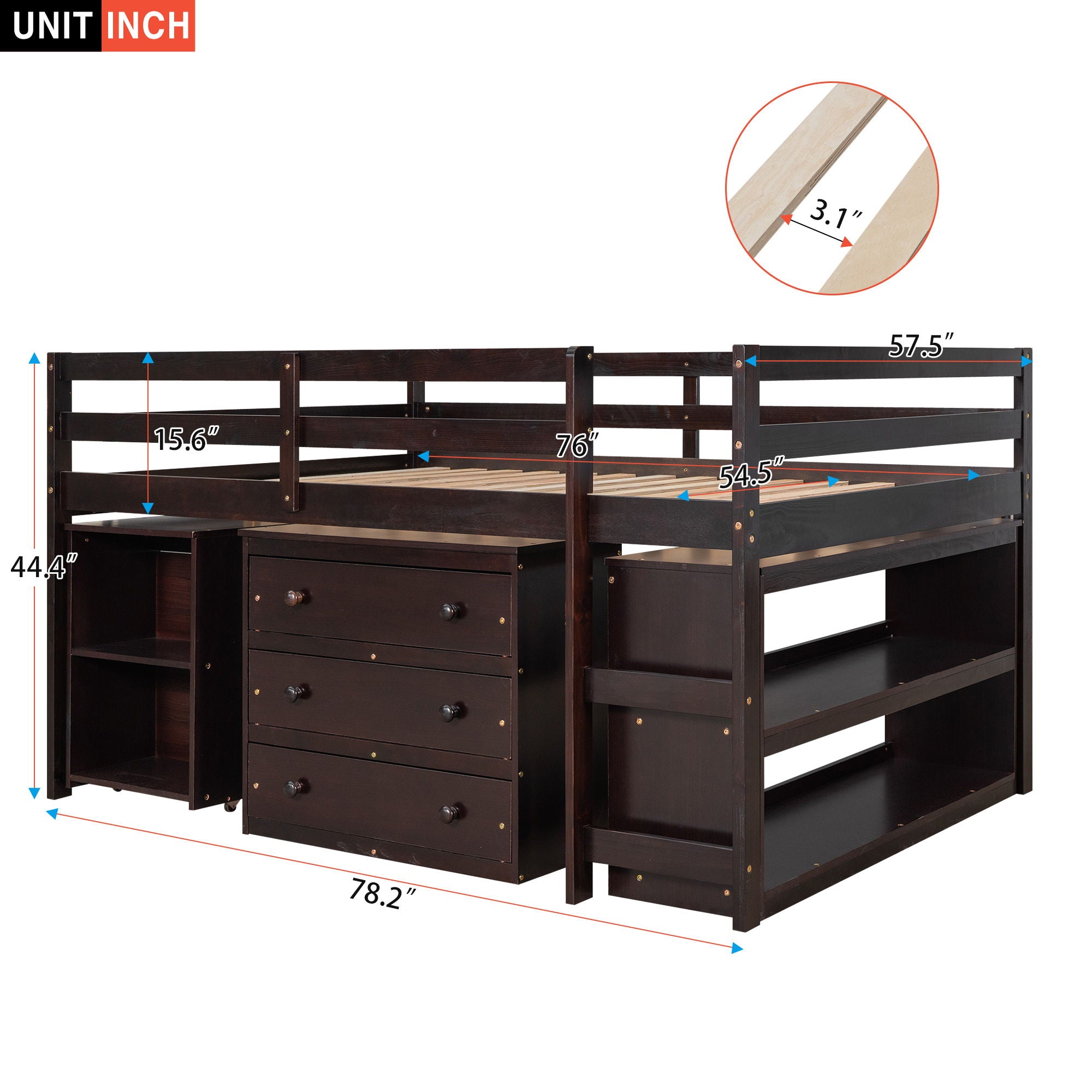 Loft Low Study Bed With Cabinet, Shelves And Rolling Portable Desk, Multiple Functions