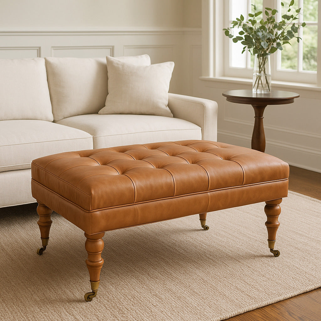 Solid Wood Buffalo Leather Ottoman with Castor Legs