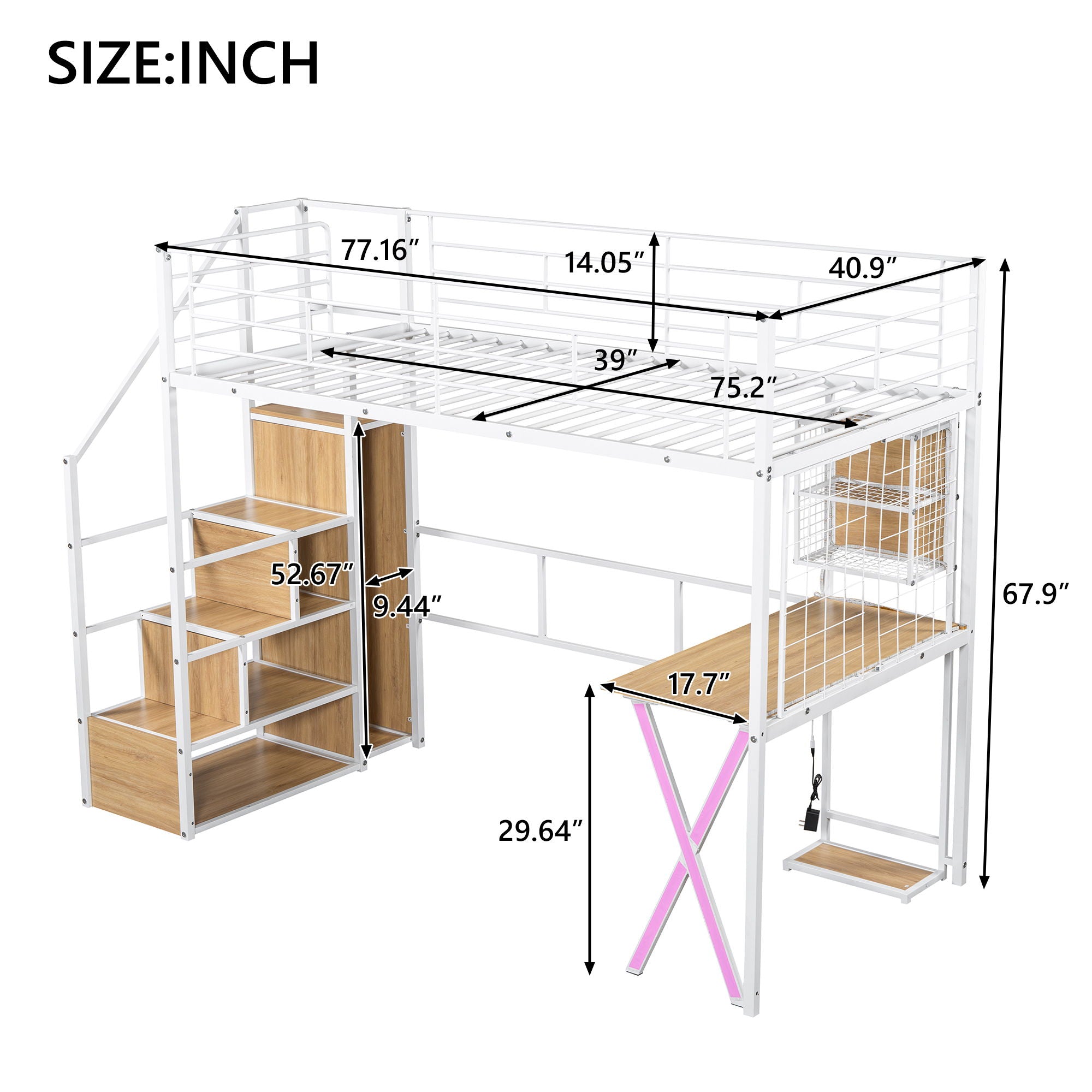 Loft Bed With Built In Work Station, Wardrobe, Storage Staircase And LED