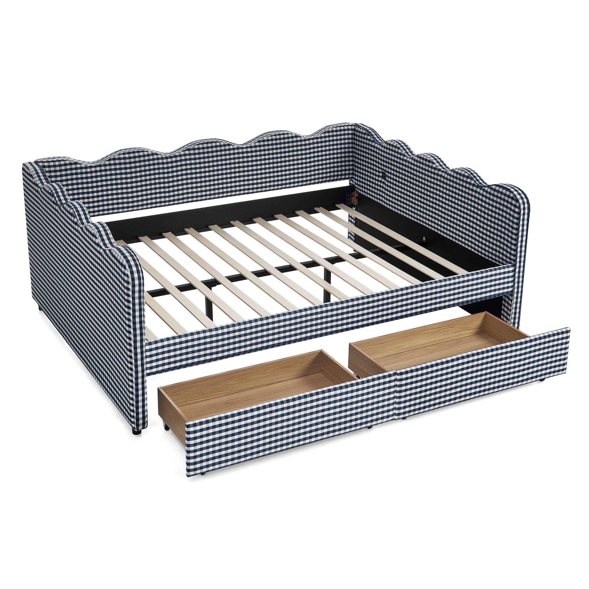 Queen Size Cozy Gingham Daybed with Two Storage Drawers and USB Port
