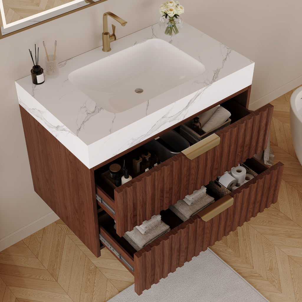 30" Modern Floating Bathroom Vanity with Seamless Sintered Stone Top & Ceramic Basin – 2 Soft-Close Drawers, Wall-Mounted
