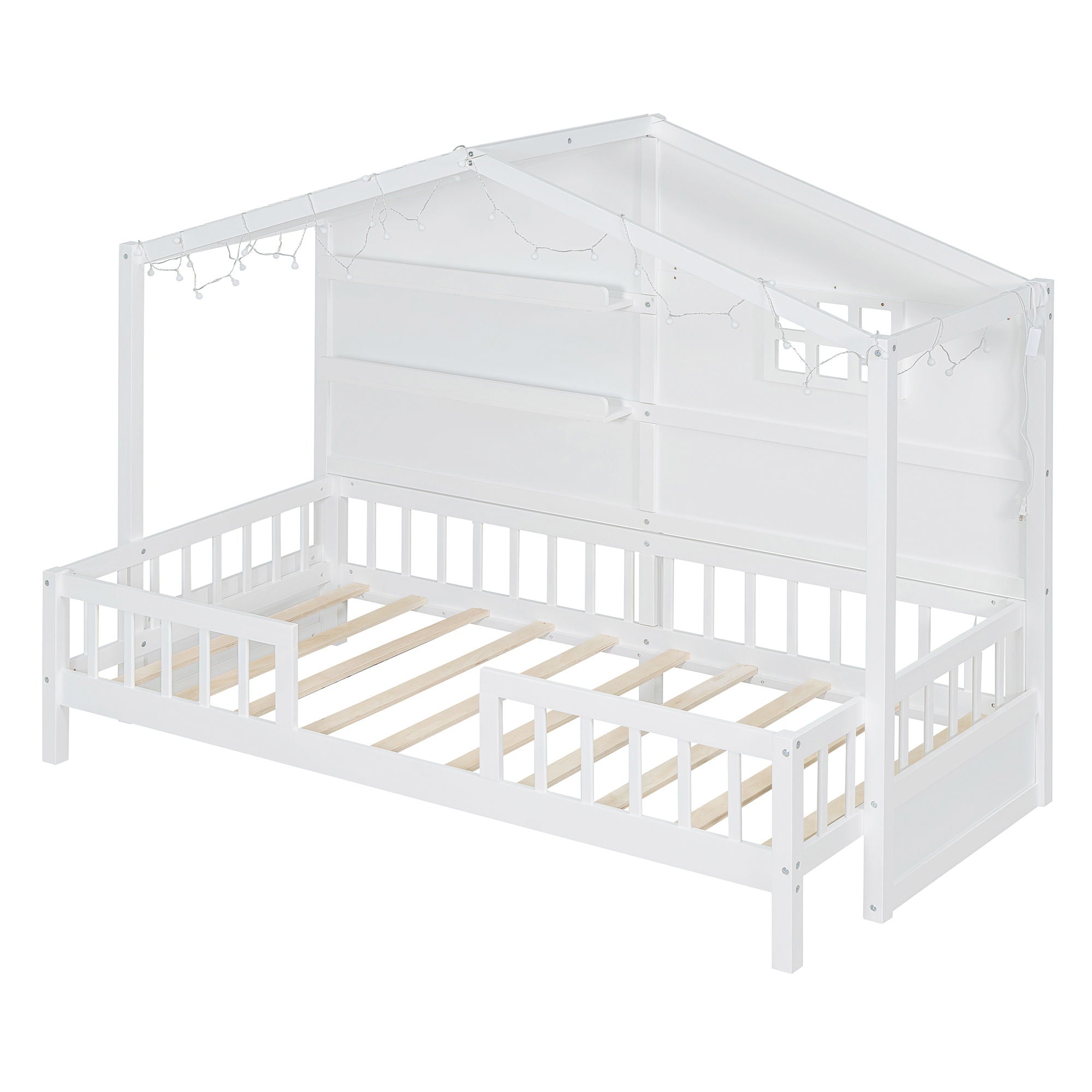 House Bed With Shelves, Window And Sparkling Light Strip On The Roof