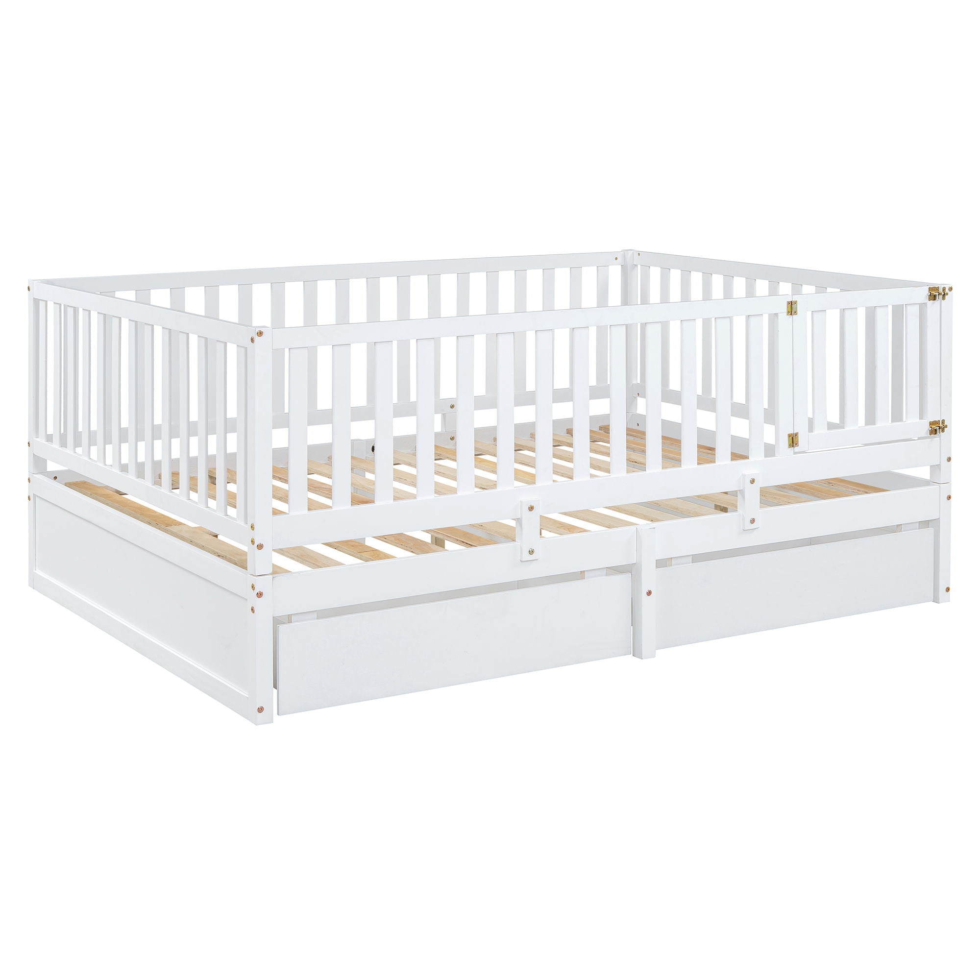 Daybed With Fence Guardrails And 2 Drawers, Split Into Independent Floor Bed & Daybed