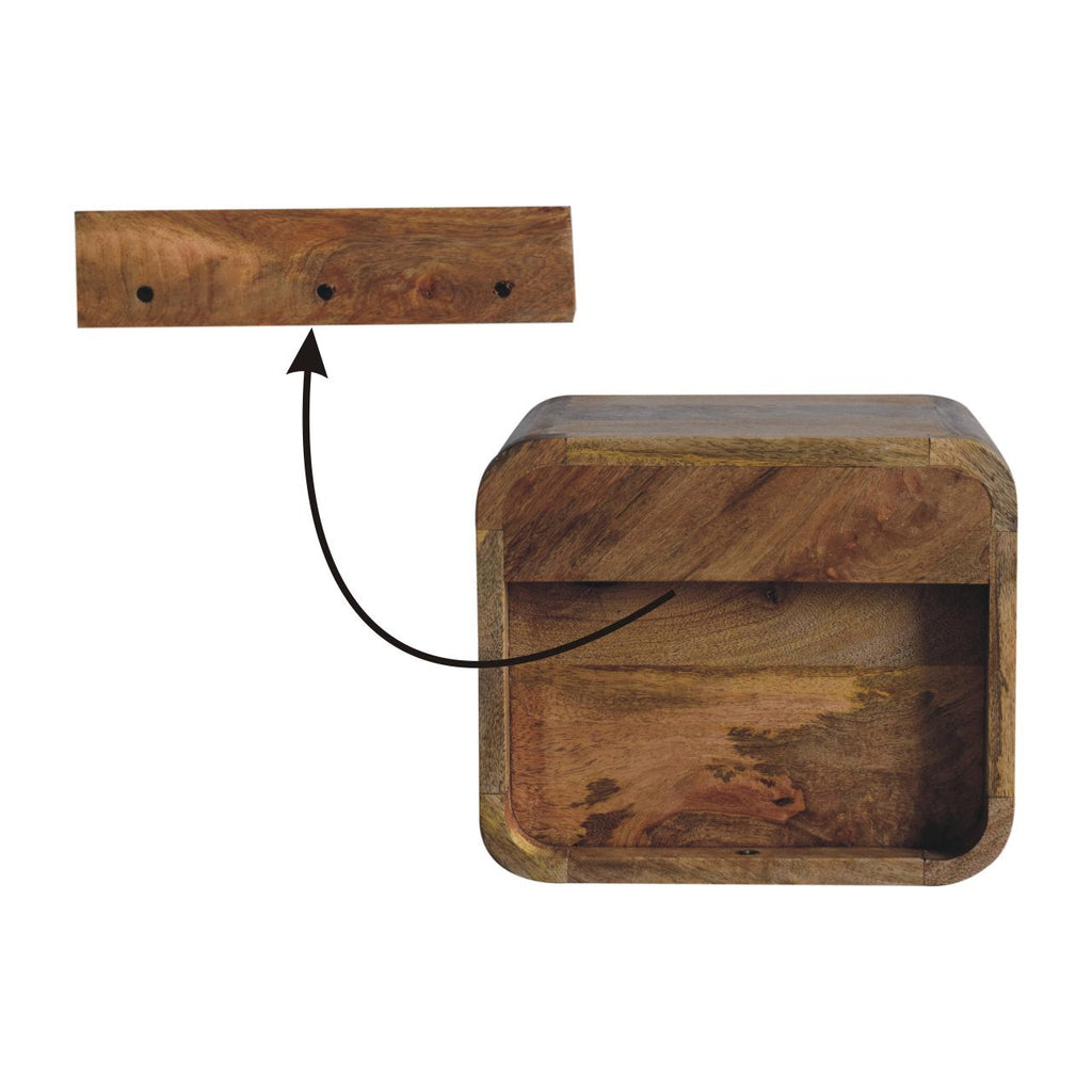 Extra Mini Wall-Mounted Curved Oak-ish Nightstand with Open Slot, 1-Drawer
