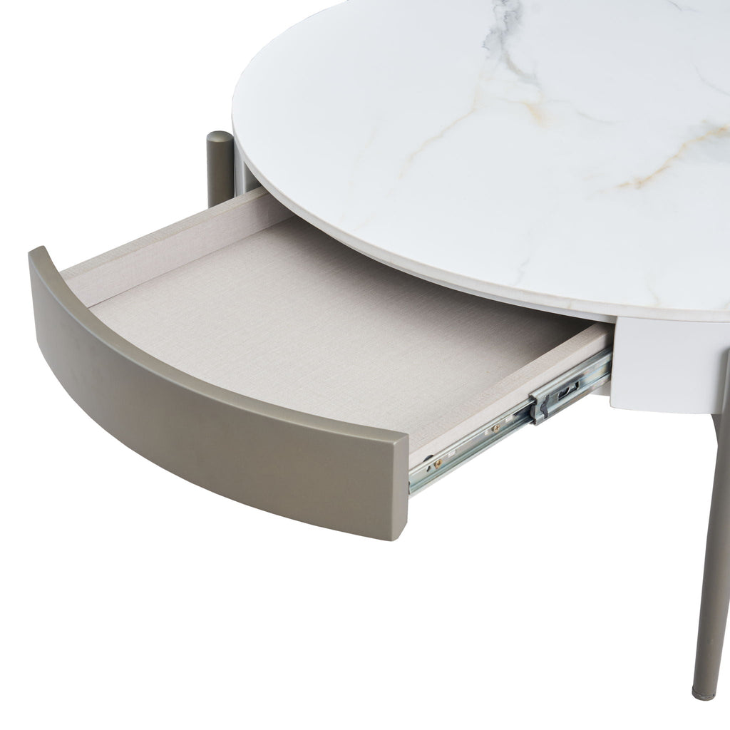Modern Round Coffee Table With Storage Drawers Handcrafted Ceramic Inlay Tabletop 2 Tone Wood Legs Scandinavian Living Room Center Table - White / Gray