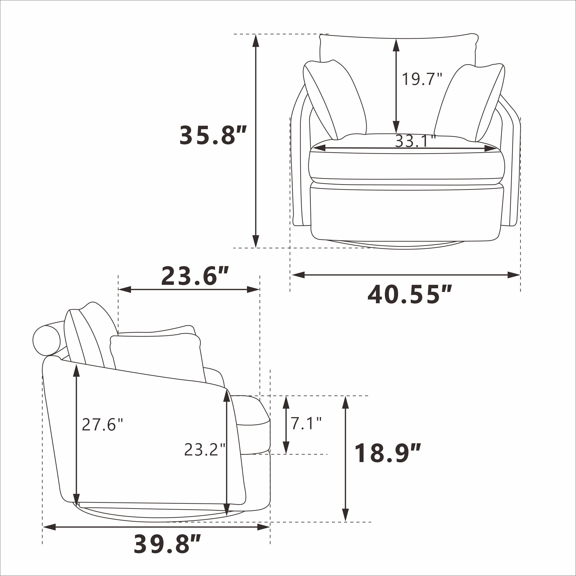 40.55''W Swivel Accent Chair with 2 Throw Pillows