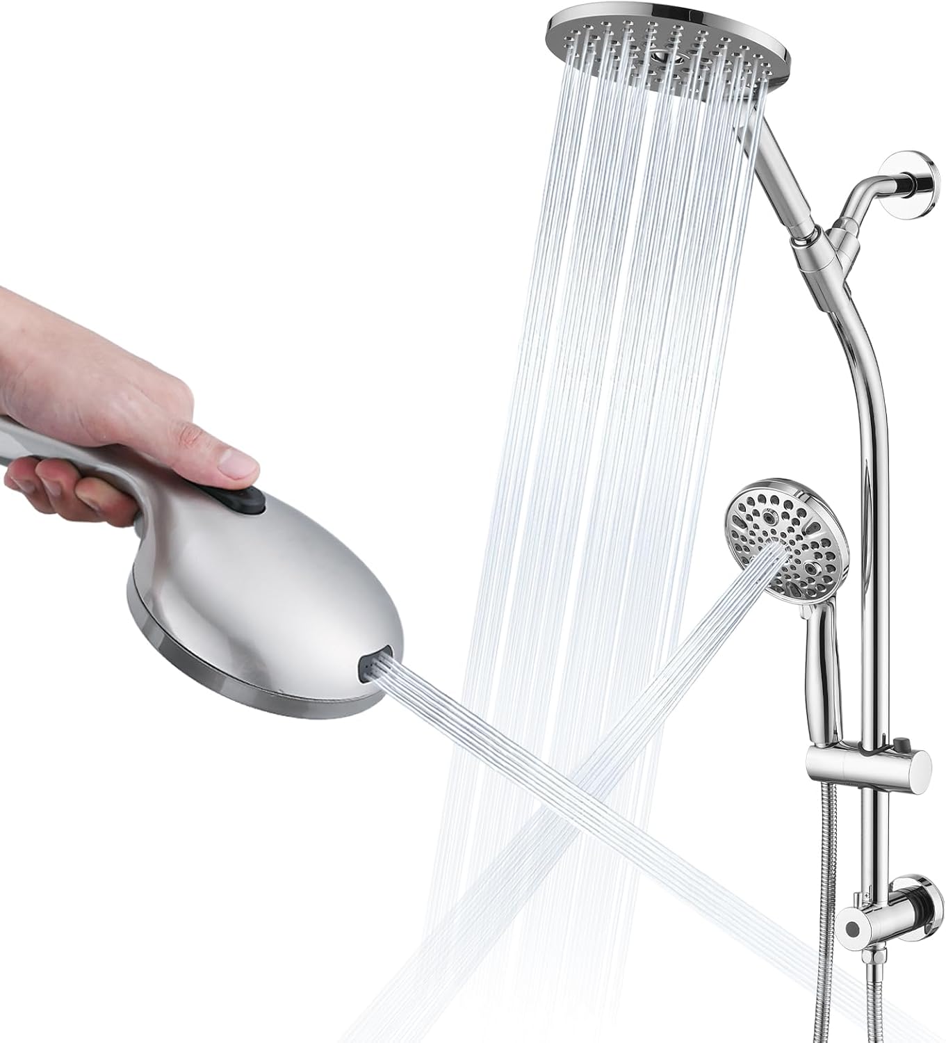 High Pressure Dual Shower Head Set - 26 Inch Tool-Free Adjustable Slide Bar,10 Spray Settings and Handheld.