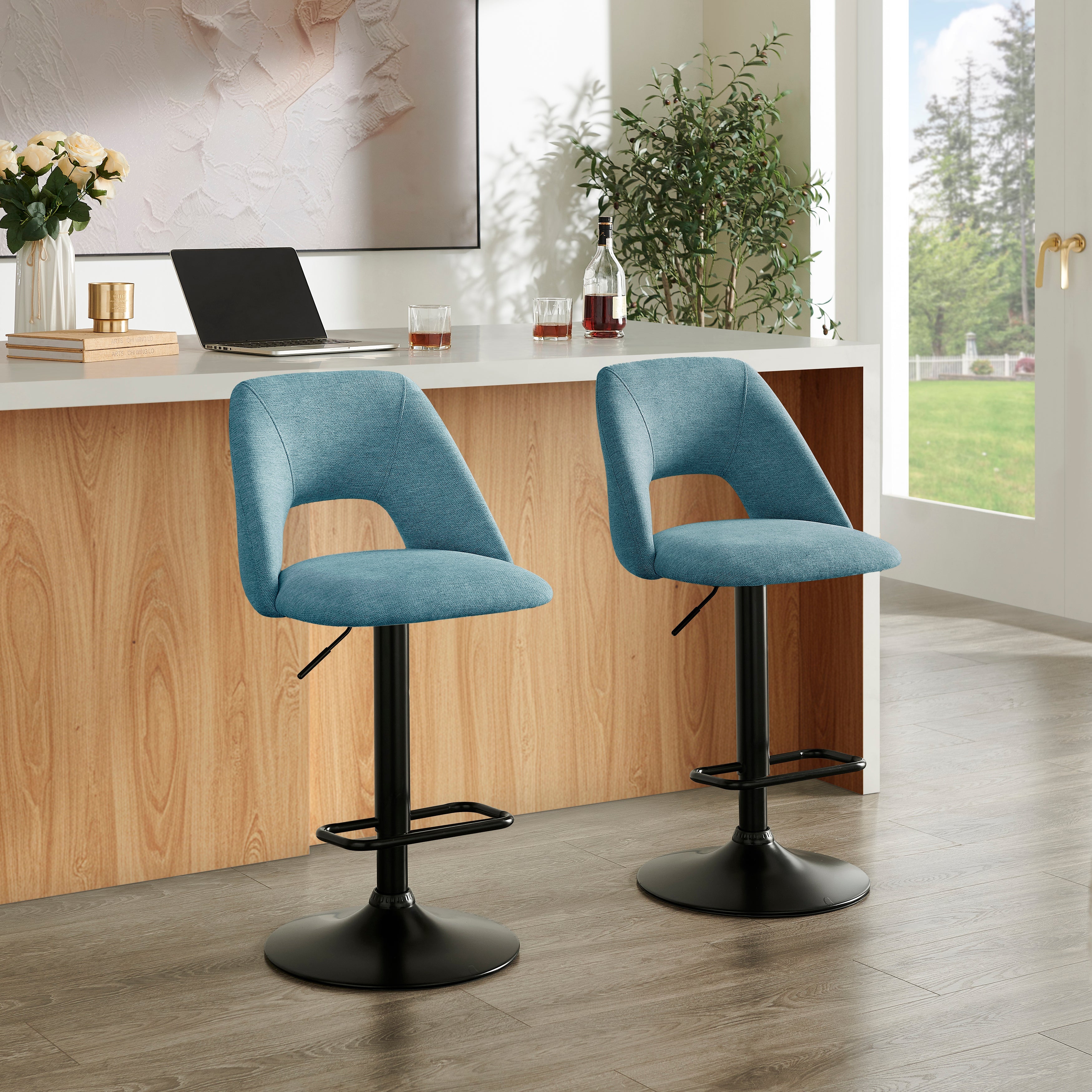 Nuvia Contemporary Adjustable Barstool with Upholstered Swivel Seats, Set of 2