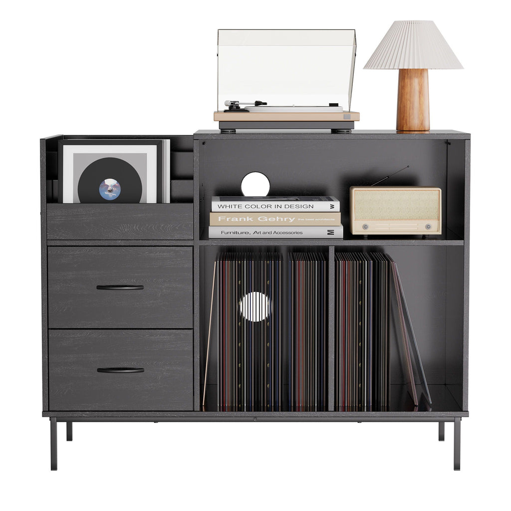 Eco-Friendly Vinyl Record Player Stand With Flip-Top Storage, Media Console With Dual Outlets And Dustproof Drawers