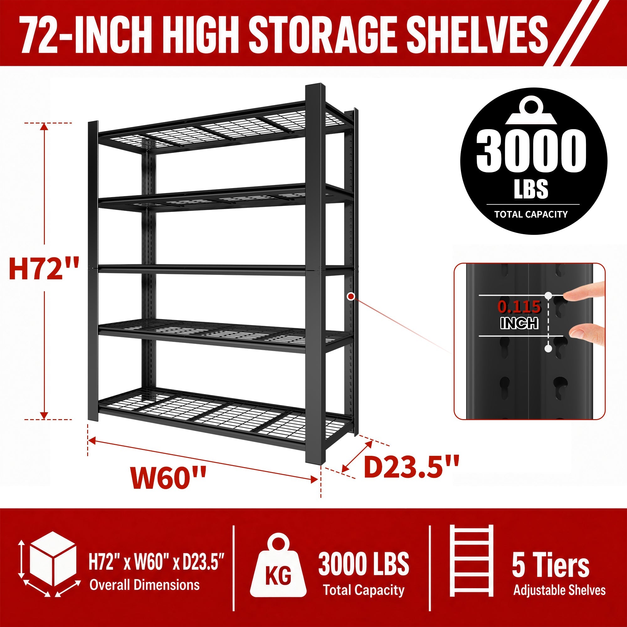 72"H 5-Tier Adjustable Heavy Duty Shelving Metal Mesh Storage Rack (3000 Lbs Loading Capacity) - Metal Shelf Organizer for Pantry, Garage, Kitchen - 60"W*23.6"D*72"H -