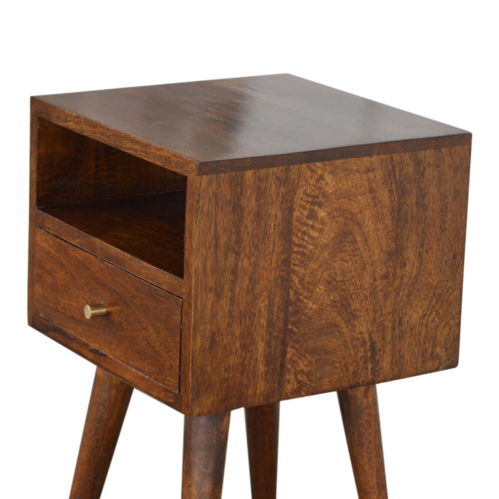 Solid Wood Mini Nightstand, 1-Drawer, 1 Open Slot, Chestnut