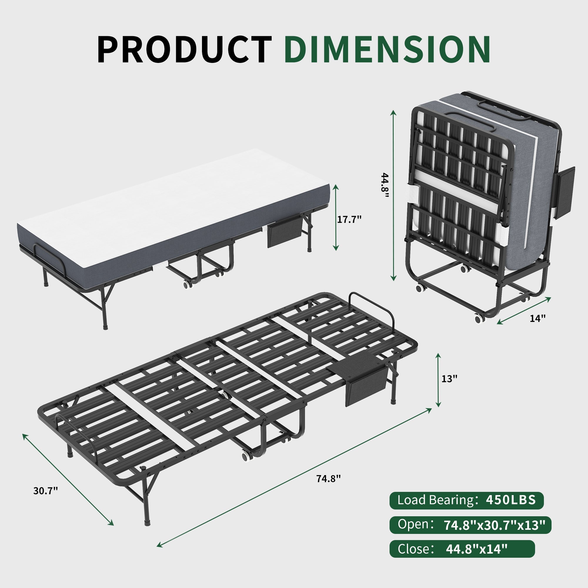 75 Inch Folding Bed with 5" Memory Foam Mattress