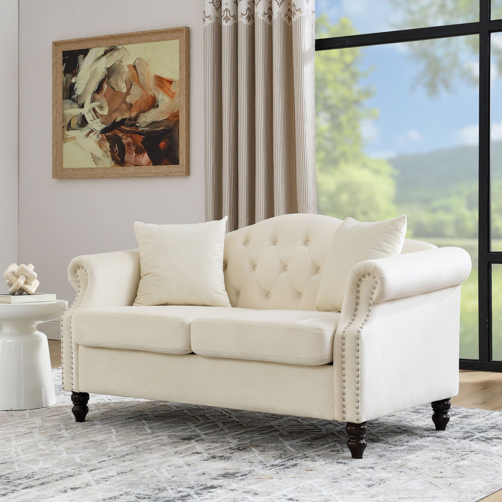 2 Seater Chesterfield Sofa With Rolled Arms And Nailhead Trim For Living Room