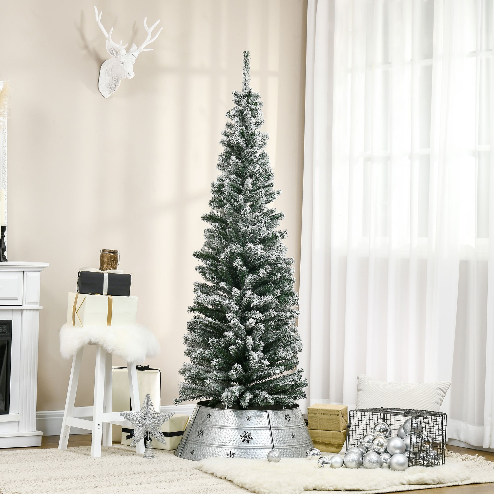 HOMCOM 6' Tall Unlit Snow-Flocked Slim Artificial Christmas Tree