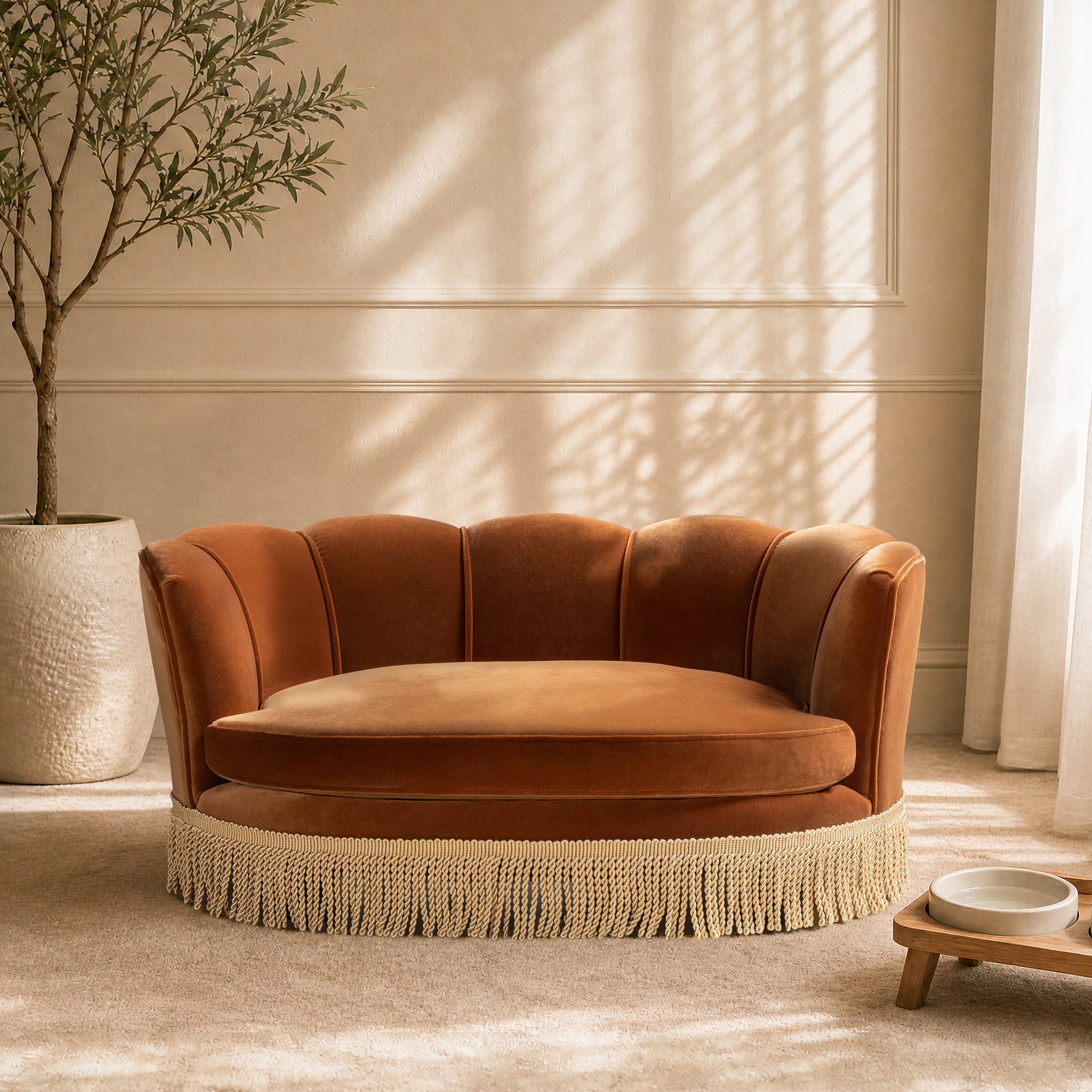 Clara 34.5" Scalloped Pet Sofa Bed, Medium, Burnt