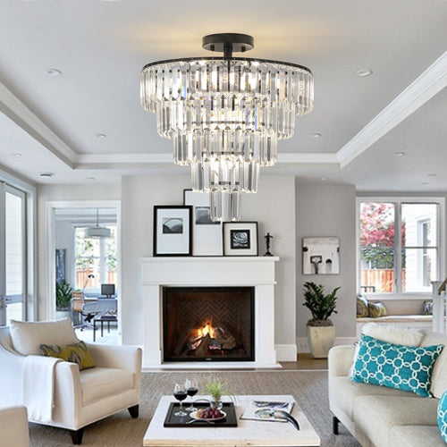 20' Black Crystal Chandelier Ceiling Light, Modern Luxury 10-Light Flush Mount