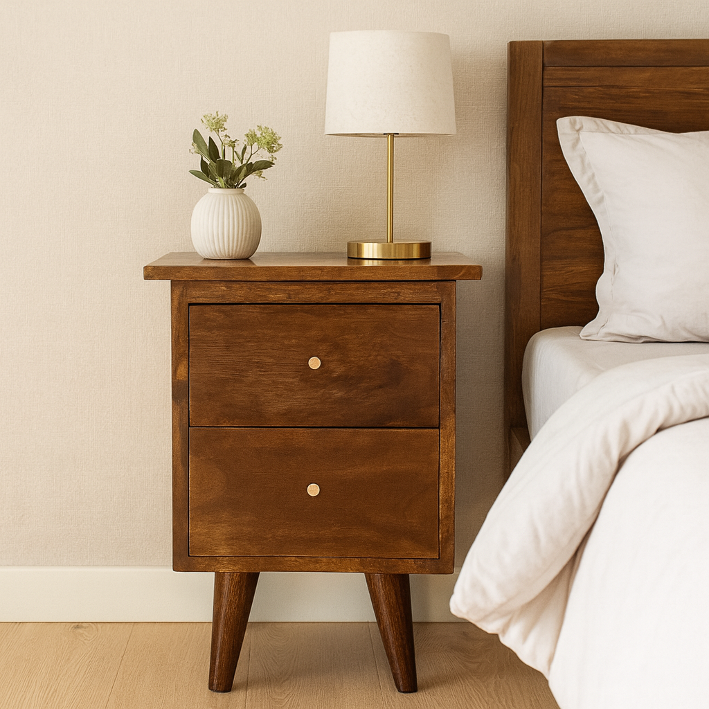 Solid Wood Bedside Table with 2 Drawers in Chestnut