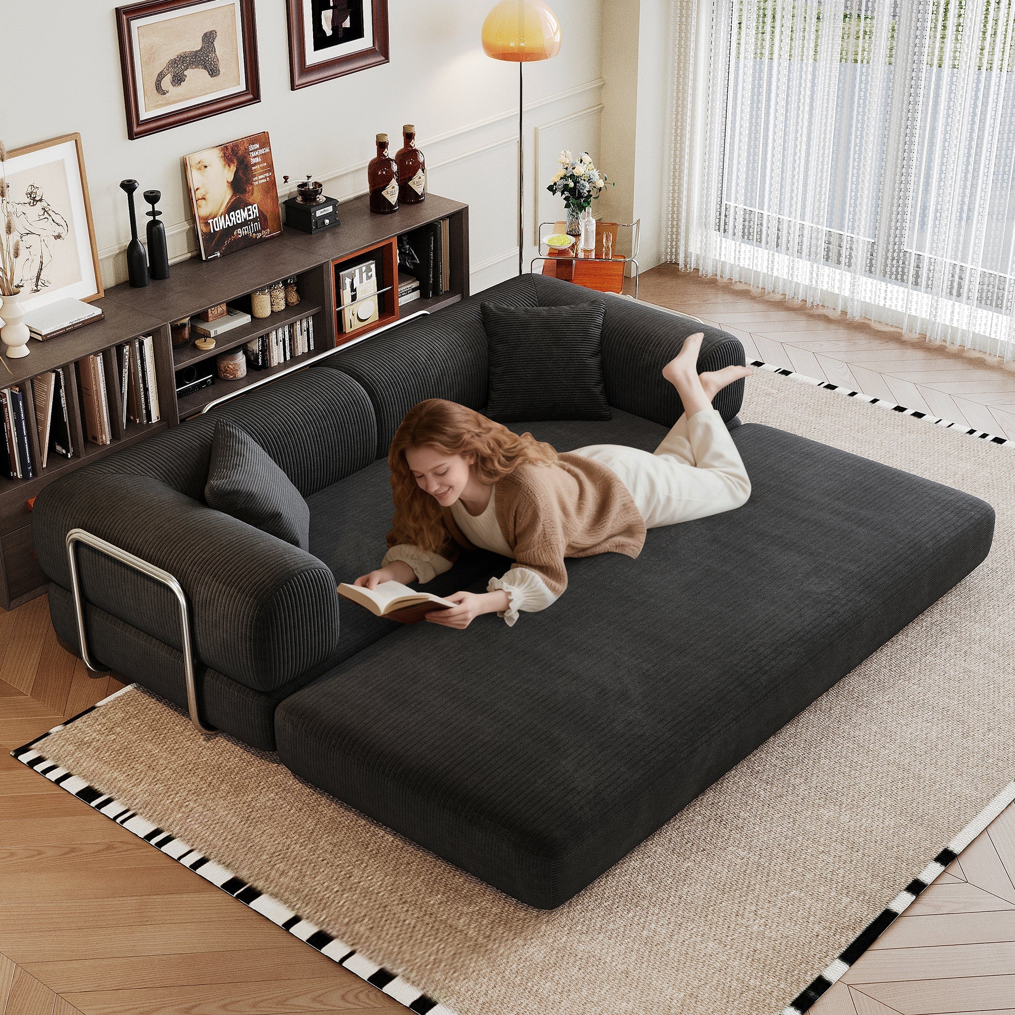 78.8' Compression Sofa,Convertible Floor Sofa Bed-with Pillow Back Support Armrest,Comfy Futon Couch Sleeper Bed,Loveseats Boneless Modular Sectional Sofa,Corduroy fabric,for Living Room,Bedroom,Black