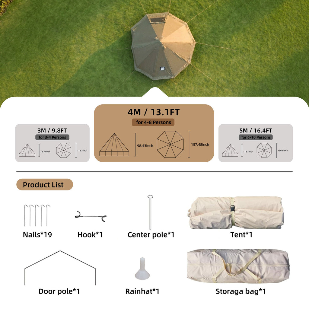 4 Season Bell Tent 13.1FT, Beige Waterproof Glamping Yurt Tent