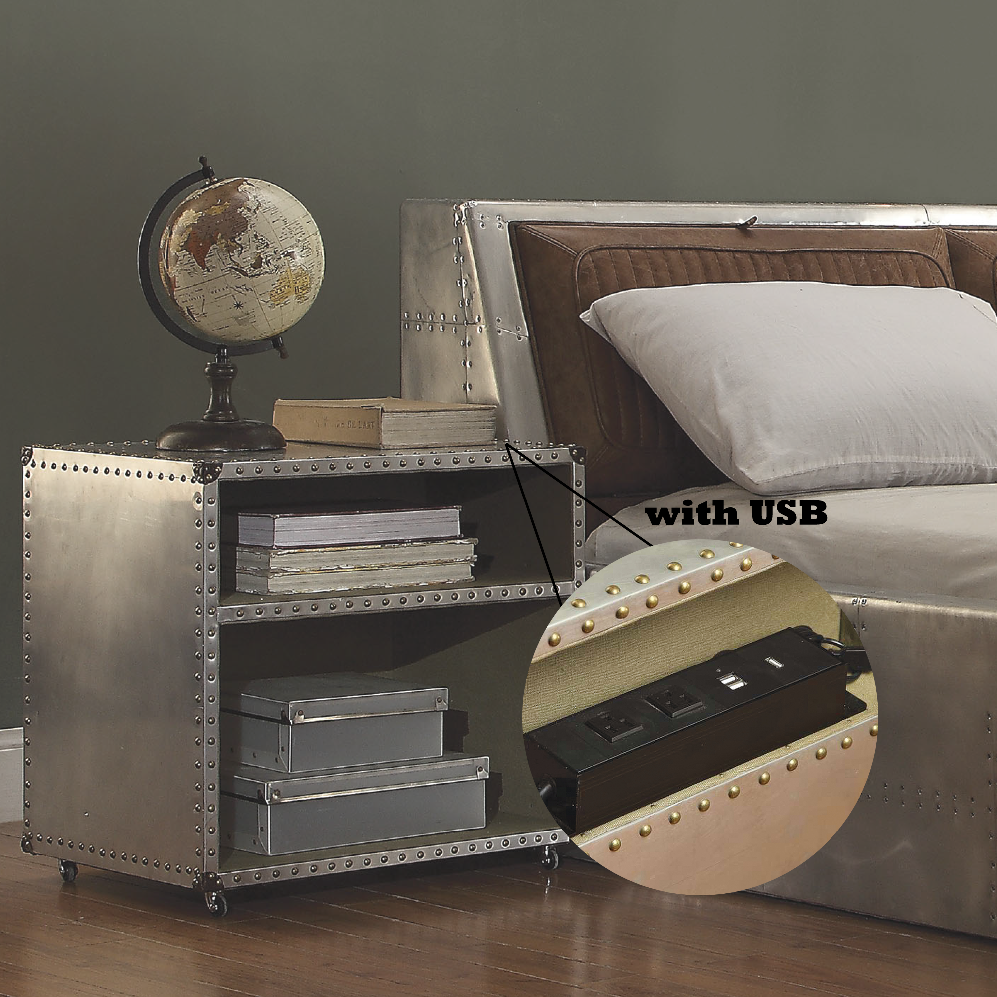 Brancaster Aluminum Nightstand with USB Power Dock