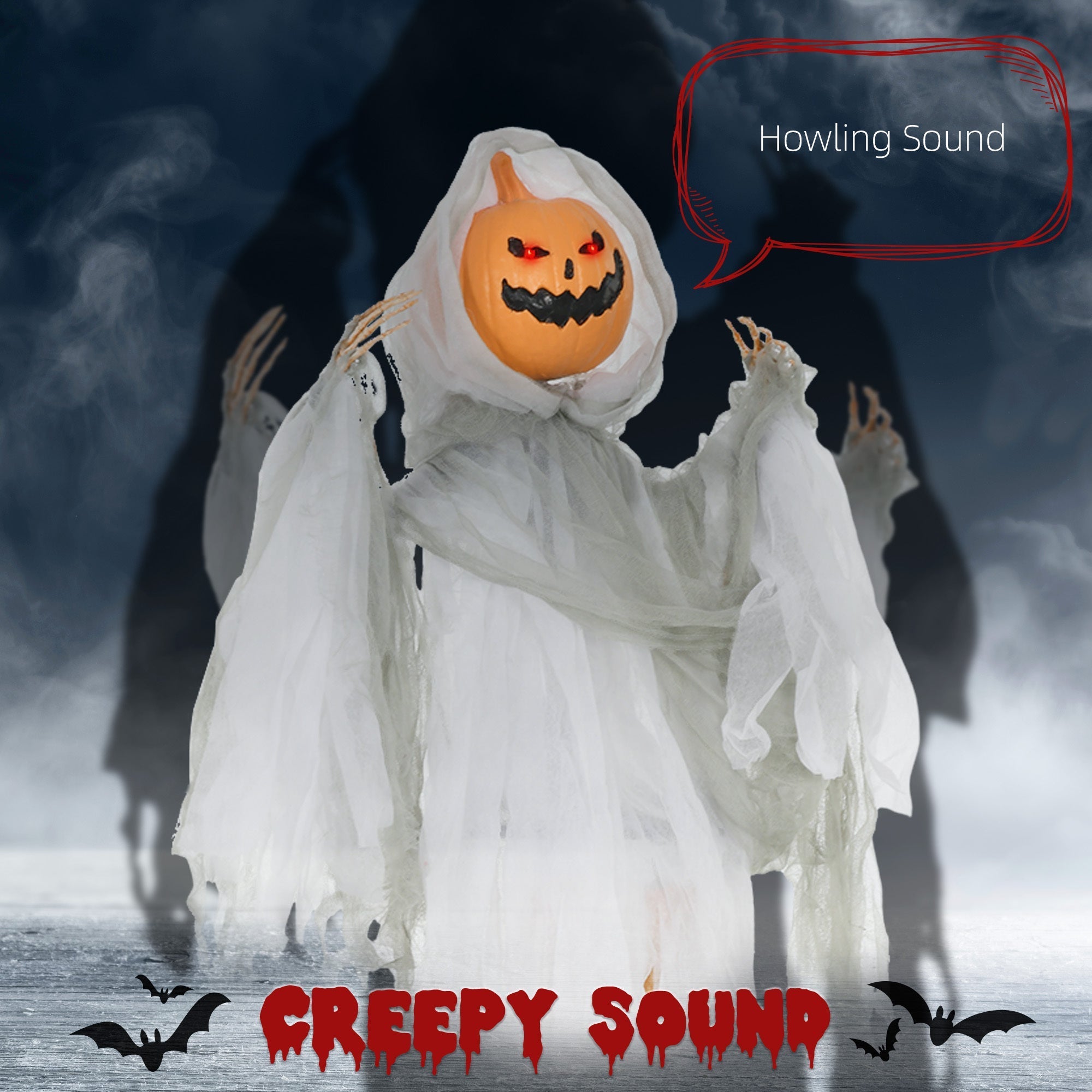 Outdoor Halloween Hanging Pumpkin Ghost with Light-Up Eyes and Sound