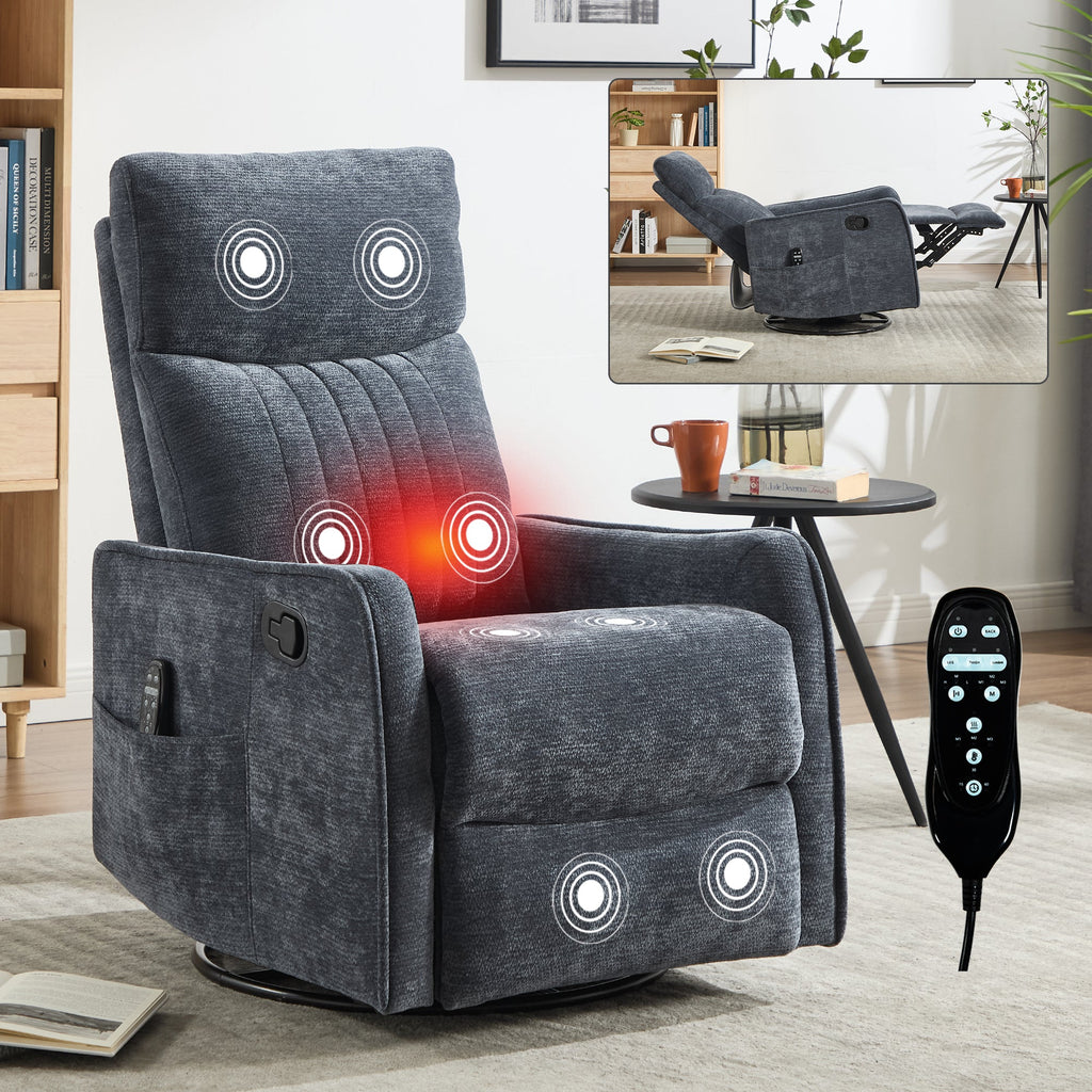 Blue Heat Massage Manual Recliner Chair with Rocker and Swivel