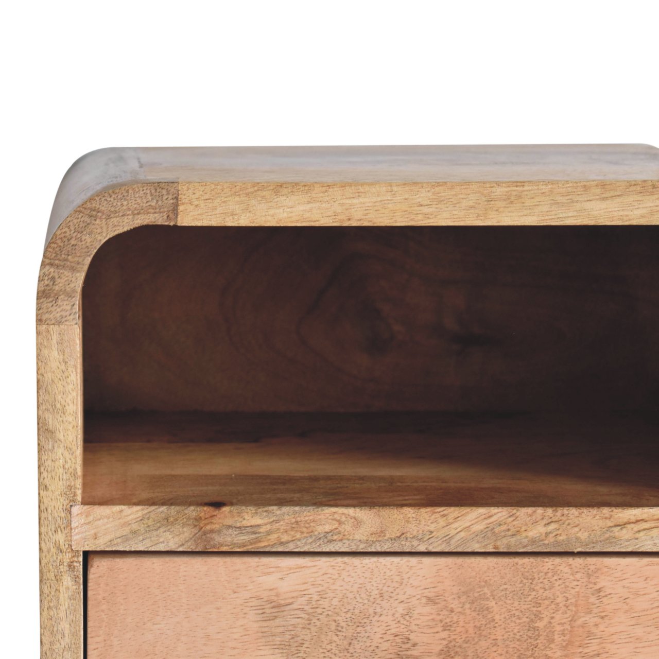 Extra Mini Wall-Mounted Curved Oak-ish Nightstand with Open Slot, 1-Drawer