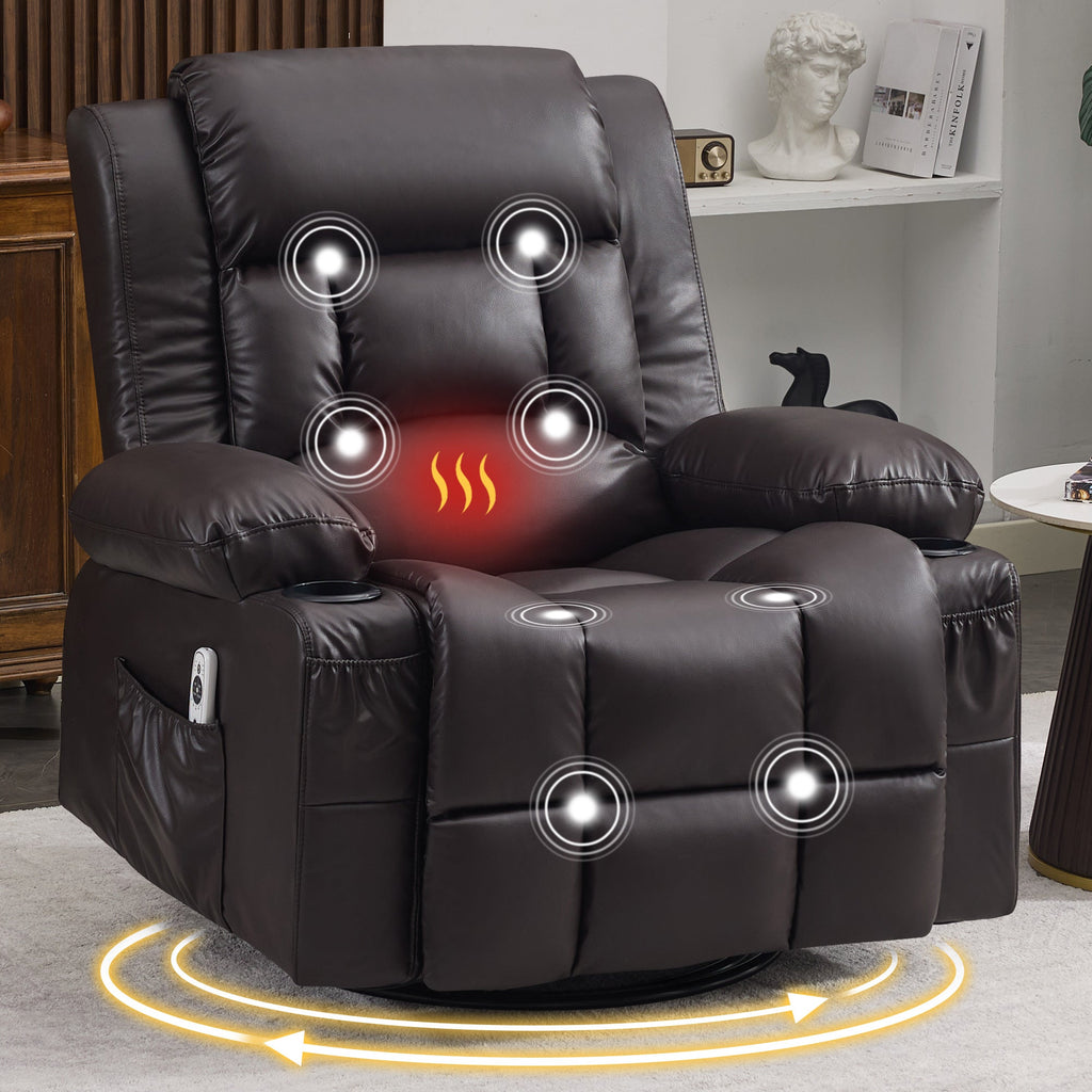 360° Swivel Rocker Recliner for Adults, Nursery Glider Recliner with Vibration Massage and Heat,Rocking Chair with Cup Holder, Manual Recliner Chair for Living Room, Bedroom (Leather,Brown)