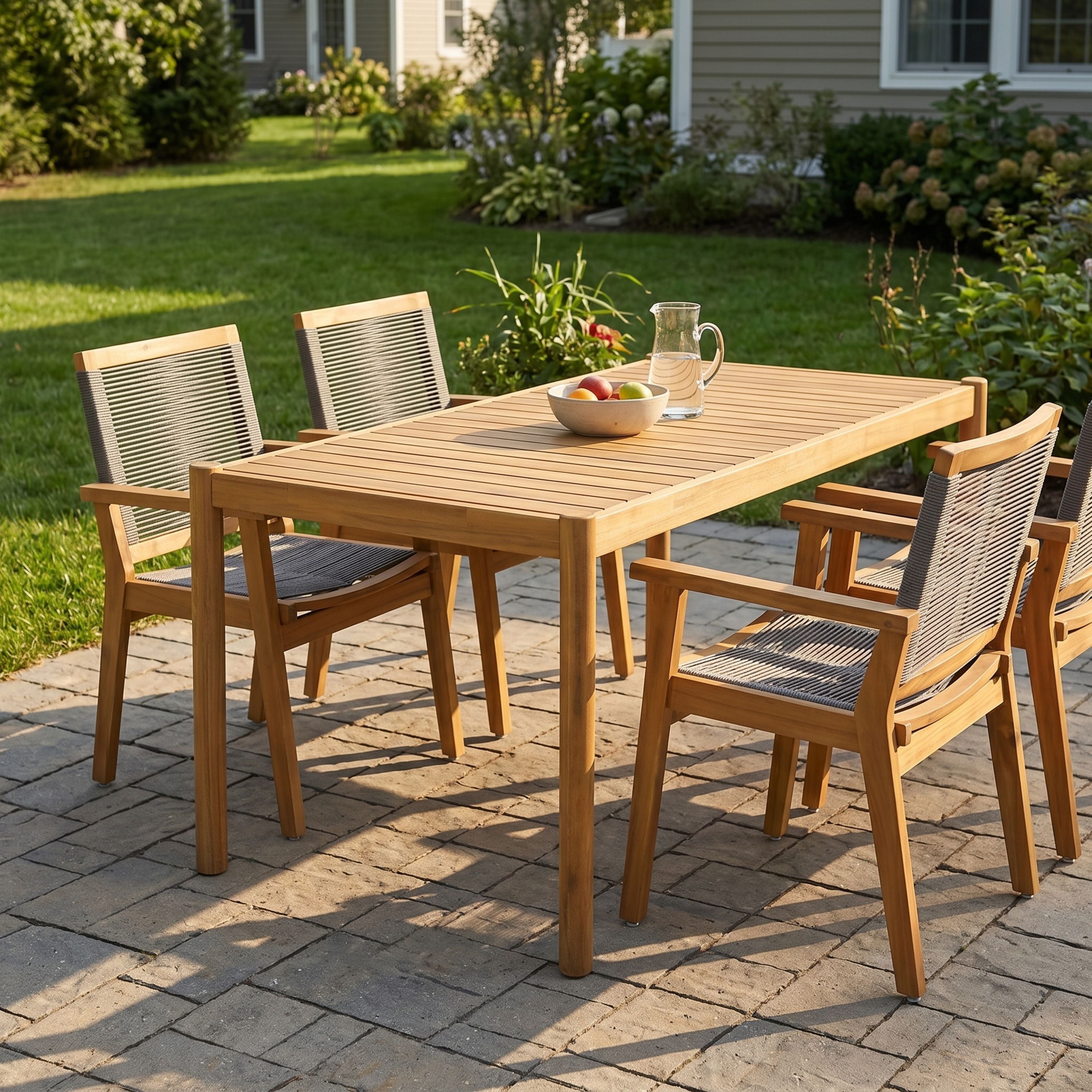 5-Piece Outdoor Acacia Wood Dining Set, 54.75" Teak Rectangular Table & 4 Dark Grey Chairs